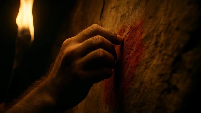 Prehistoric Hand Painting on Cave Wall &ndash; Cinematic Close-up