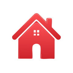 Fototapeta premium Red house icon with chimney and window symbol represents homeownership and real estate.