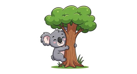 Adorable cartoon koala hugging a tree with green leaves