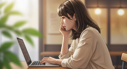 따듯한 햇살이 스며드는 조용한 카페에서 깊은 생각에 잠긴 여자. 노트북을 하며 깊은 생각에 잠긴 여자.