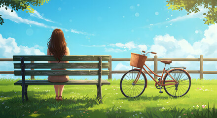 벤치에 앉아 고요함과 한가로움을 느끼는 여자.