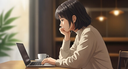 따듯한 햇살이 스며드는 조용한 카페에서 깊은 생각에 잠긴 여자. 노트북을 하며 깊은 생각에 잠긴 여자.