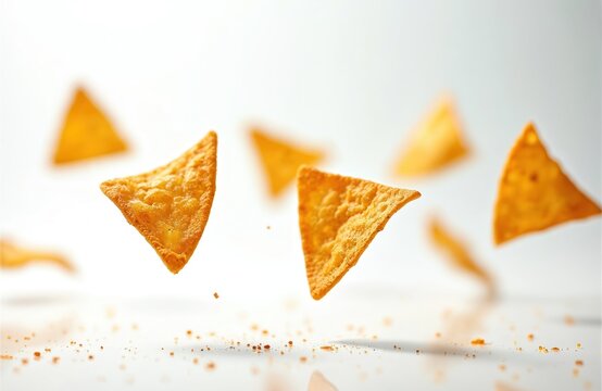 Crispy corn tortilla chips frozen mid-air against a clean white background. Triangles of golden snack food appear to float, ready for dipping or enjoying.