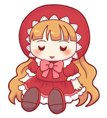 Sleeping Red Dress Doll – Hand-drawn Cute Antique Girl