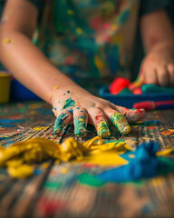 Obraz premium Child's hand, smeared with colorful paints and playdough, on a wooden table