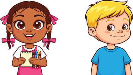 Cartoon children smiling, girl with crayons and notepad, boy in blue shirt, cheerful kids, educational theme, colorful illustration, white background
