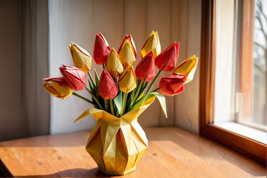 折り紙で作られたチューリップの花束と花瓶（使用AIモデル：RealVisXL V5.0 ／ LoRA：Detail Tweaker XL by w4r10ck、ORIGAMI by Kappa_Neuro）