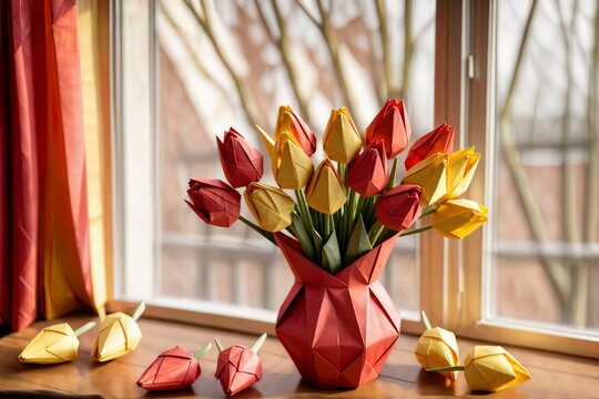 窓辺に飾られた折り紙のチューリップの花束
と花瓶のそばに散る数輪の折り紙の花（使用AIモデル：RealVisXL V5.0 ／ LoRA：Detail Tweaker XL by w4r10ck、ORIGAMI by Kappa_Neuro）