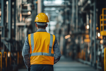 Professional worker wearing protective gear walking inside modern factory facility, representing safety, engineering, and production.