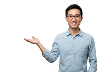Smiling asian man wearing glasses presents something with an open palm transparent background