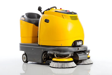Obraz premium Efficient floor cleaning with a yellow industrial sweeper, a modern solution for maintaining spotless facilities and ensuring hygienic environments