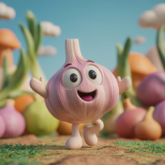 3D Cartoon Garlic Character with Expressive Eyes, Arms, and Legs in a Vibrant Garden Scene Surrounded by Vegetables and Mushrooms, Playful, Whimsical Food Illustration, Organic Concept, Bright Colours
