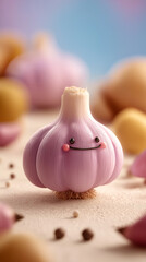 3D Cartoon Garlic Head with Smiling Face and Rosy Cheeks Surrounded by Blurred Garlic Heads and Peppercorns in a Soft, Vibrant Background – Cute Food Illustration, Organic Concept, 9x16, Copy Space