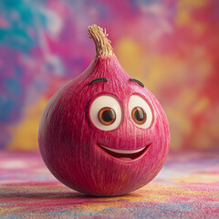 3D Cartoon Red Onion with Cheerful Expression, Large Eyes, and Smile on a Vibrant Colorful Background. Friendly, Playful Vegetable Illustration for Food or Organic Concept