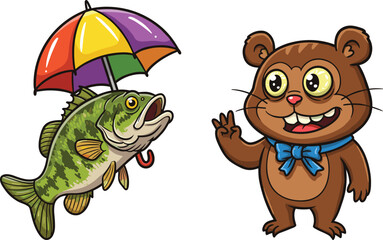 Cartoon fish with umbrella, bear making peace sign, whimsical animal illustration, colorful characters, funny expressions, white background, playful scene