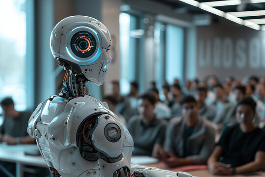 Humanoid AI robot giving a lecture to an attentive audience in a modern conference hall with large windows. The concept of artificial intelligence and machine learning in future education - Powered by Adobe