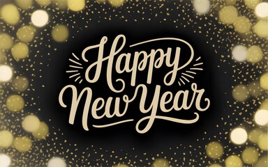 Festive Happy New Year Greeting with Golden Confetti and Bokeh