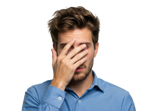 Man covering eyes with hand feeling frustrated stressed or embarrassed studio portrait transparent background