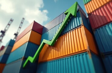 Colorful shipping containers stacked high with vibrant green arrow indicating upward growth. Global logistics, trade expanding. Business, economy, industry show positive movement. Signifies progress,