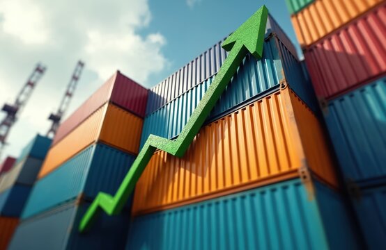 Colorful shipping containers stacked high with vibrant green arrow indicating upward growth. Global logistics, trade expanding. Business, economy, industry show positive movement. Signifies progress,