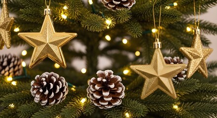 Close-up of Christmas tree branches decorated with golden star ornaments, pine cones, and string lights
