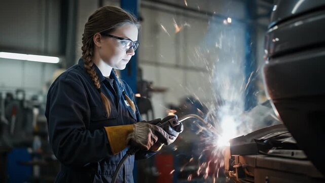 Female Welder Working on Metal with Sparks in Garage - Powered by Adobe