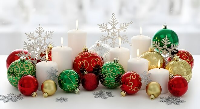 Festive Christmas centerpiece arrangement with burning candles and colorful holiday ornaments - Powered by Adobe