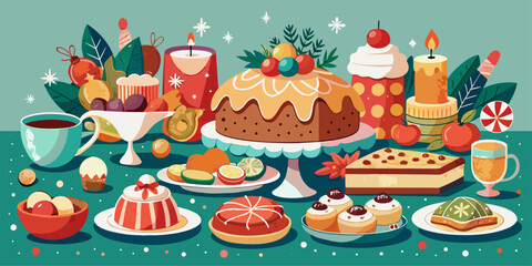 A beautifully illustrated festive holiday table spread, perfect for Christmas, New Year's, or any winter celebration.High-quality illustration with a warm, modern aesthetic.