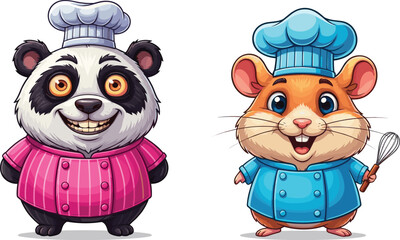 Cartoon panda and hamster chefs, cute animals cooking, kitchen illustration, children art, colorful characters, culinary theme, playful food scene