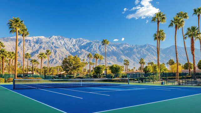 Tennis court with mountains and palm trees.  Peaceful outdoor recreation