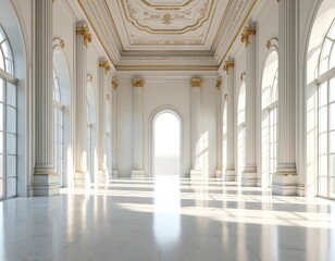 Fototapeta premium Grand white hall with arched windows columns gold accents. Polished floor reflects light. Ornate ceiling moldings suggest luxury. Empty interior space.