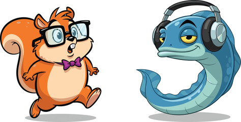 Cartoon squirrel and fish characters, funny animal illustration, headphones, glasses, whimsical style, colorful vector, kids content, playful design, fantasy