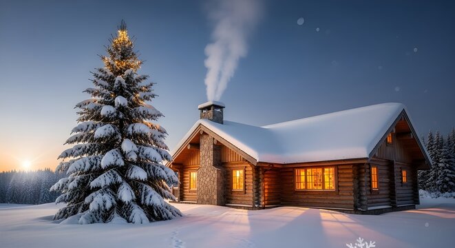 Cozy log cabin house and large Christmas tree covered in snow during winter night