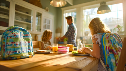 Children Having Breakfast Before School in Bright Kitchen With Backpacks Ready