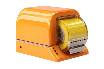Contemporary desk tape holder featuring orange matte body, yellow tape roll, and fine metal cutter edge, sleek office supply render, isolated on transparent background.
