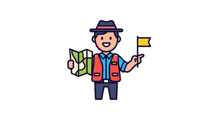 Smiling Cartoon Tourist Guide Holding Map and Yellow Flag Icon.