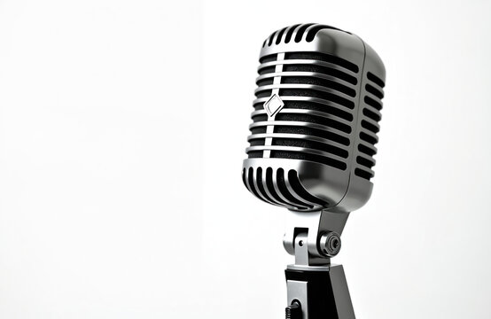 Vintage microphone on clean white background. Retro audio equipment for recording podcasts interviews music. Classic broadcast studio mic isolated for design projects.