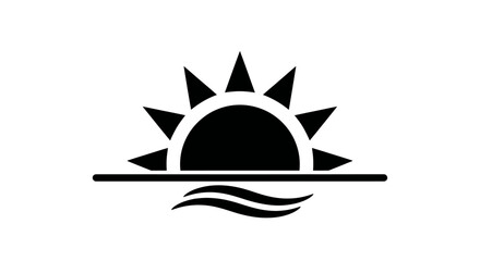 Stylized Black Silhouette of a Rising Sun Over Wavy Water.
