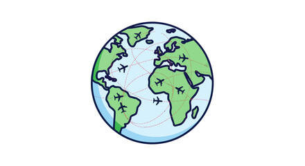 Cartoon Earth Globe with Airplane Icons Representing Global Travel.
