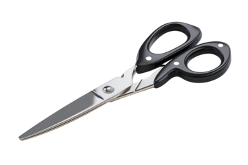Professional tailor shears featuring stainless blades with fine bevels and ergonomic black riveted grips, durable craftsmanship, isolated on transparent background.
