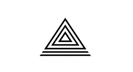 Minimalist black geometric design of concentric triangles with a striped base on a white background.