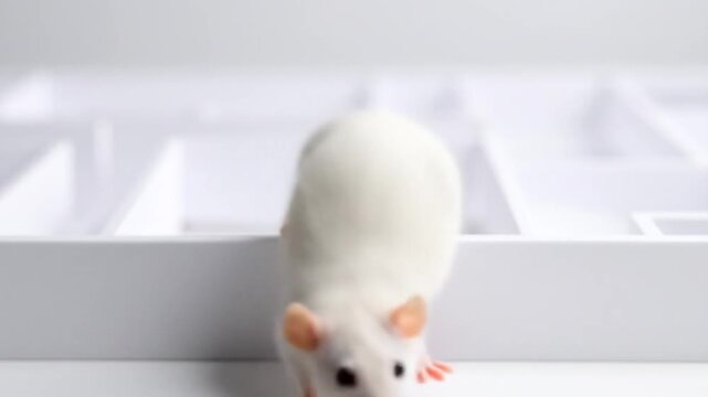 Curious White Rat at the Edge of a Maze with Thinking About The Solution.