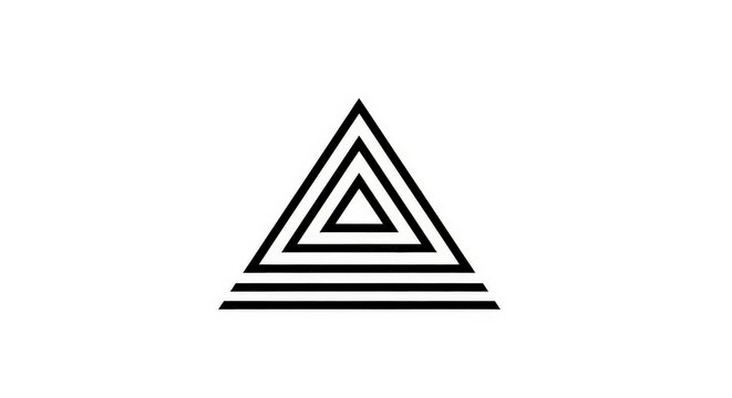 Minimalist black geometric design of concentric triangles with a striped base on a white background. - Powered by Adobe