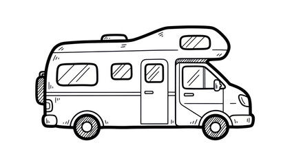 Hand-drawn illustration of a white camper van with multiple windows and a spare tire.
