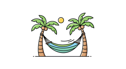 Cartoon Illustration of Hammock Between Palm Trees with Sun.