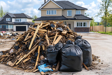 Obraz premium A large pile of construction debris on a suburban driveway. Broken wood, black rubbish bags, and scattered building materials after renovation work.
