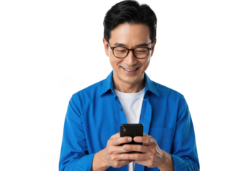 Asian man smiling while looking at his phone isolated on transparent background