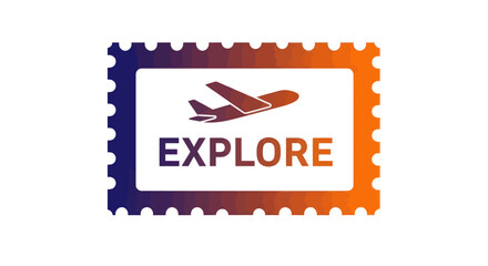 Postage stamp travel logo with an airplane silhouette and Explore text in a blue to orange gradient.