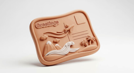 Embossed Terracotta Postcard with Tropical Beach Scene and Greetings Text.