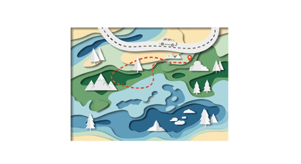Layered Paper Cut Style Landscape Illustration with Mountains Water Trees and Road.